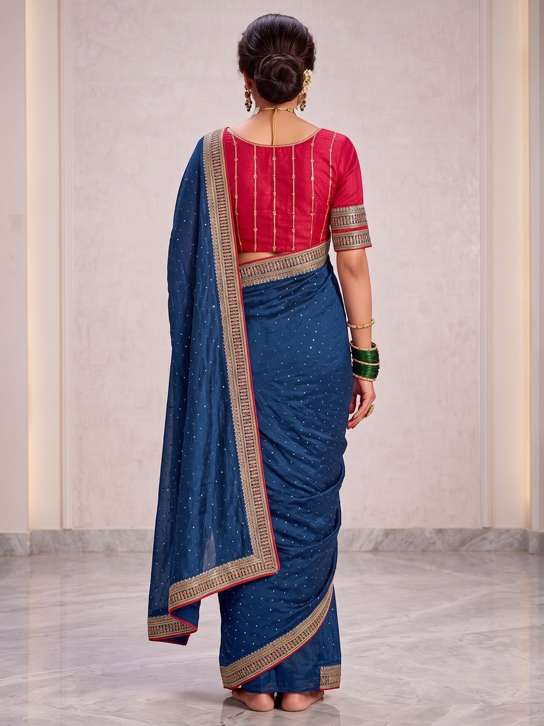 Royal Blue Embroidered Vichitra Silk Saree With Tassels - Image 2