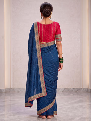 Royal Blue Embroidered Vichitra Silk Saree With Tassels - Image 2