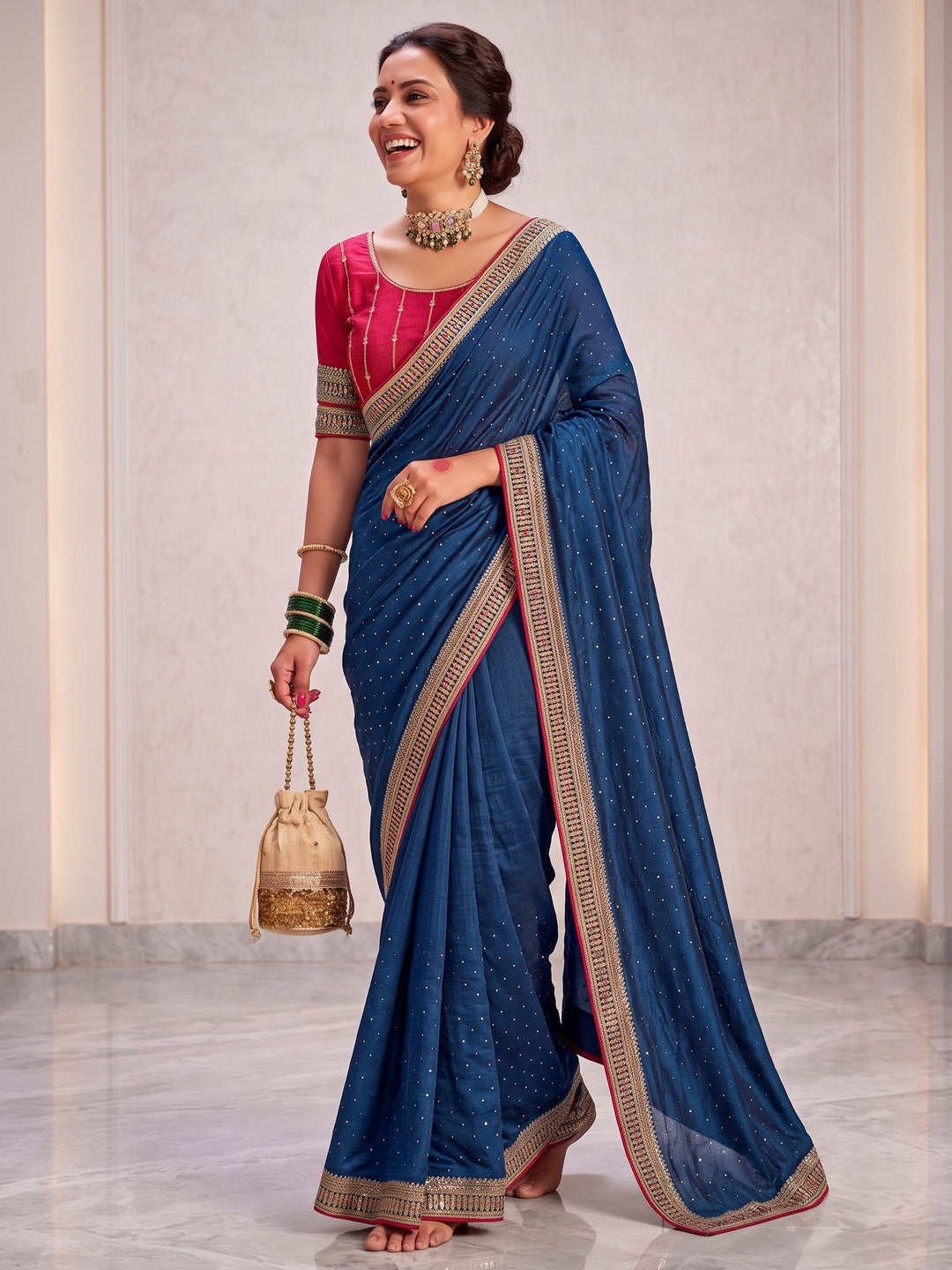 Royal Blue Embroidered Vichitra Silk Saree With Tassels - Image 4