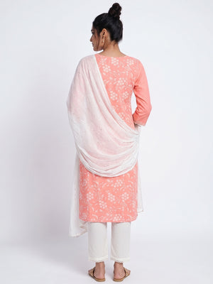 Peach Colored Printed Viscose Silk Kurti - Pant Set With Dupatta - Image 2