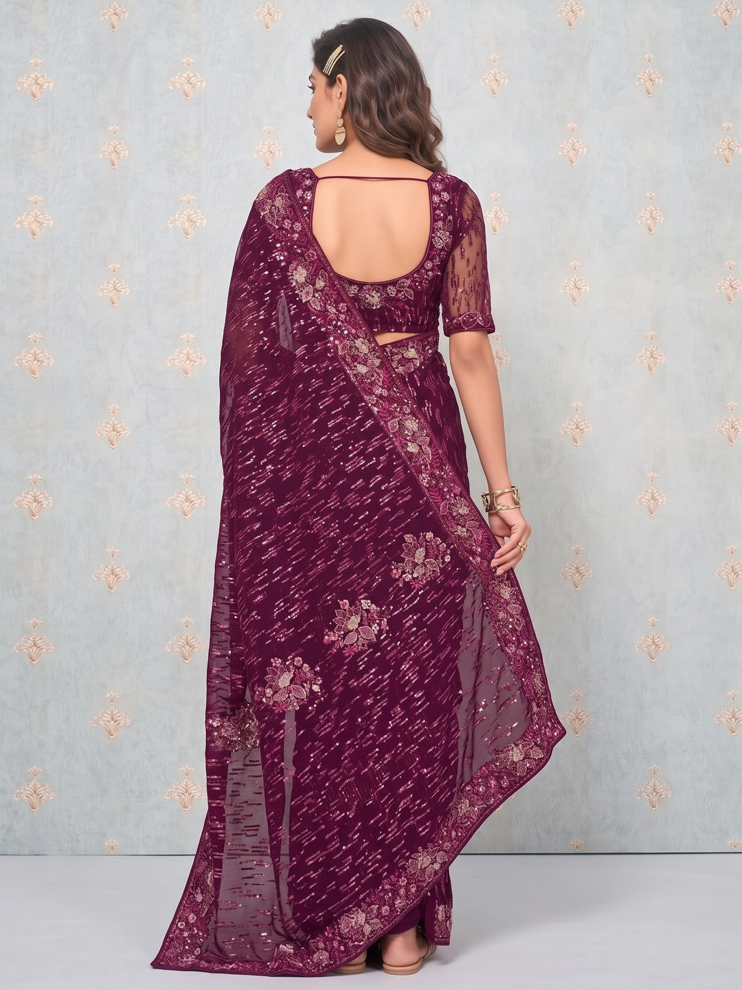 Wine Sequins Embroidered Georgette Saree - Image 2