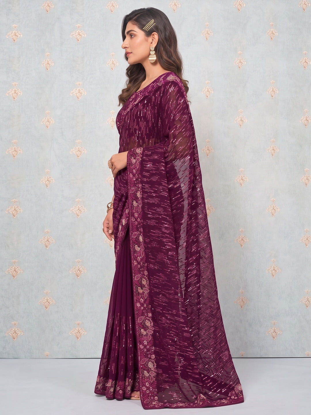 Wine Sequins Embroidered Georgette Saree - Image 3