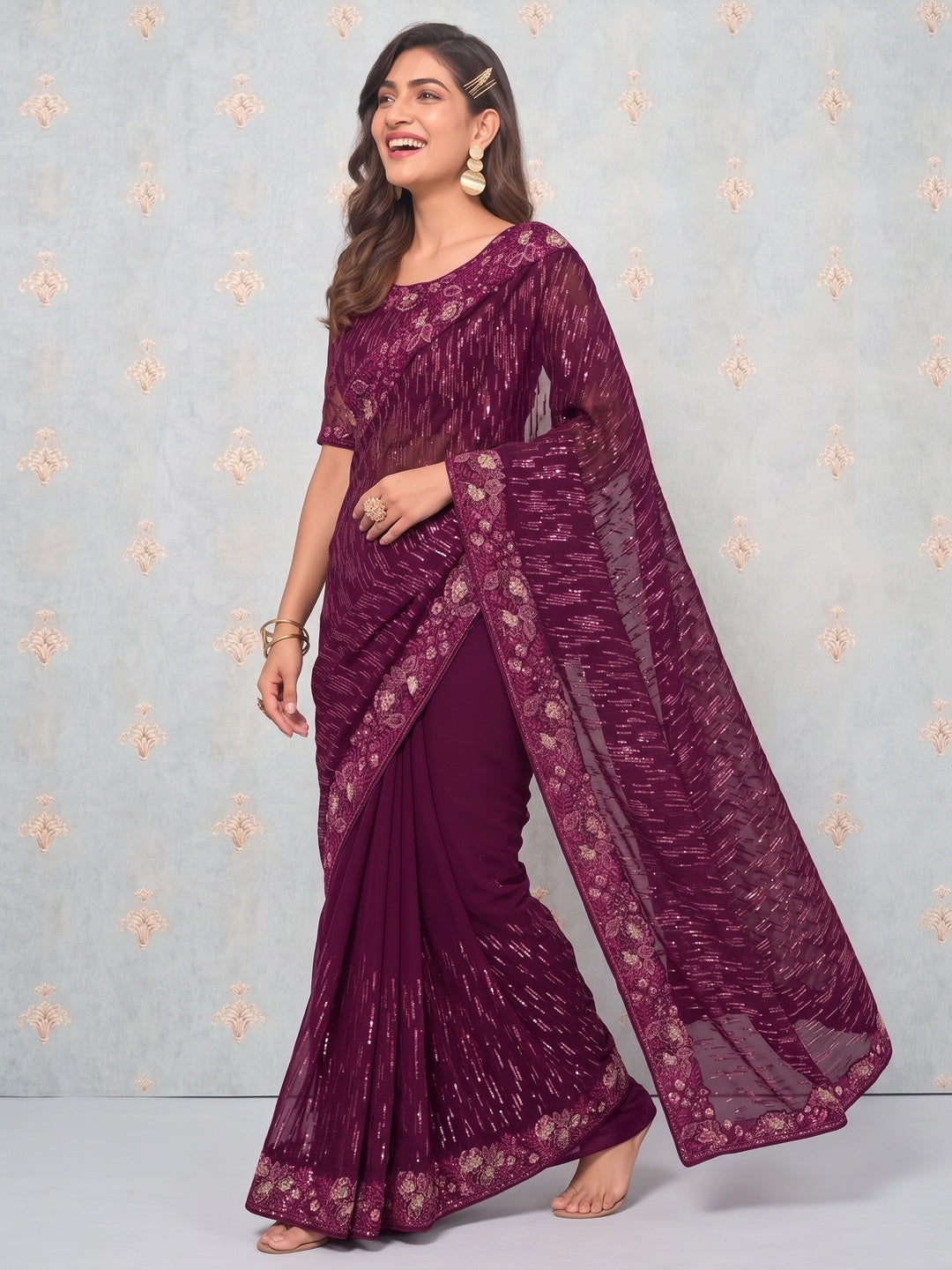 Wine Sequins Embroidered Georgette Saree - Image 4