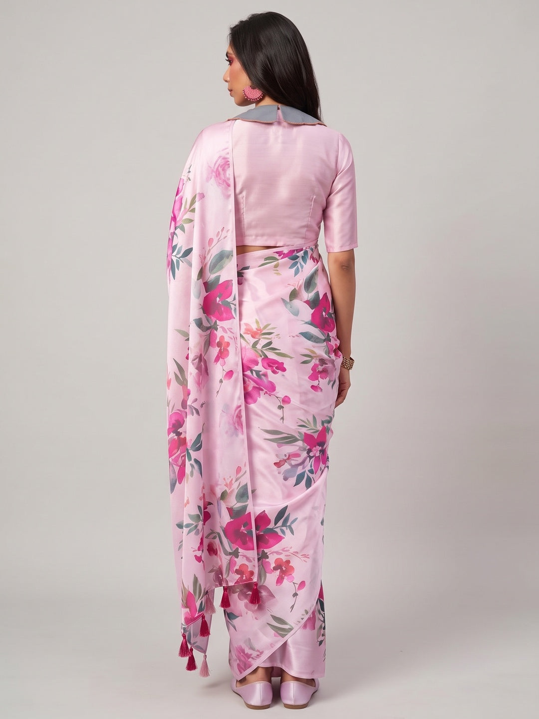 Pink Floral Digital Printed Satin Saree - Image 2