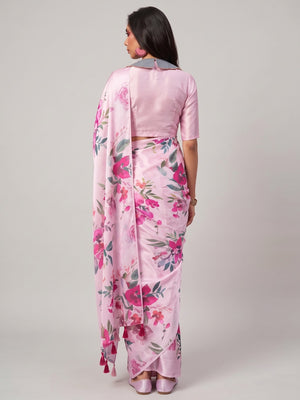 Pink Floral Digital Printed Satin Saree - Image 2