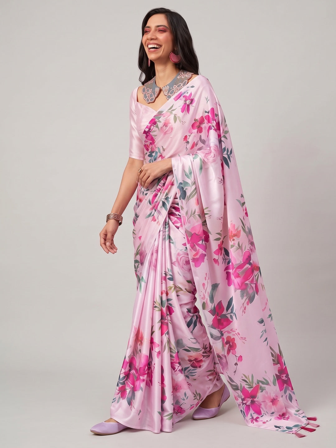 Pink Floral Digital Printed Satin Saree - Image 4