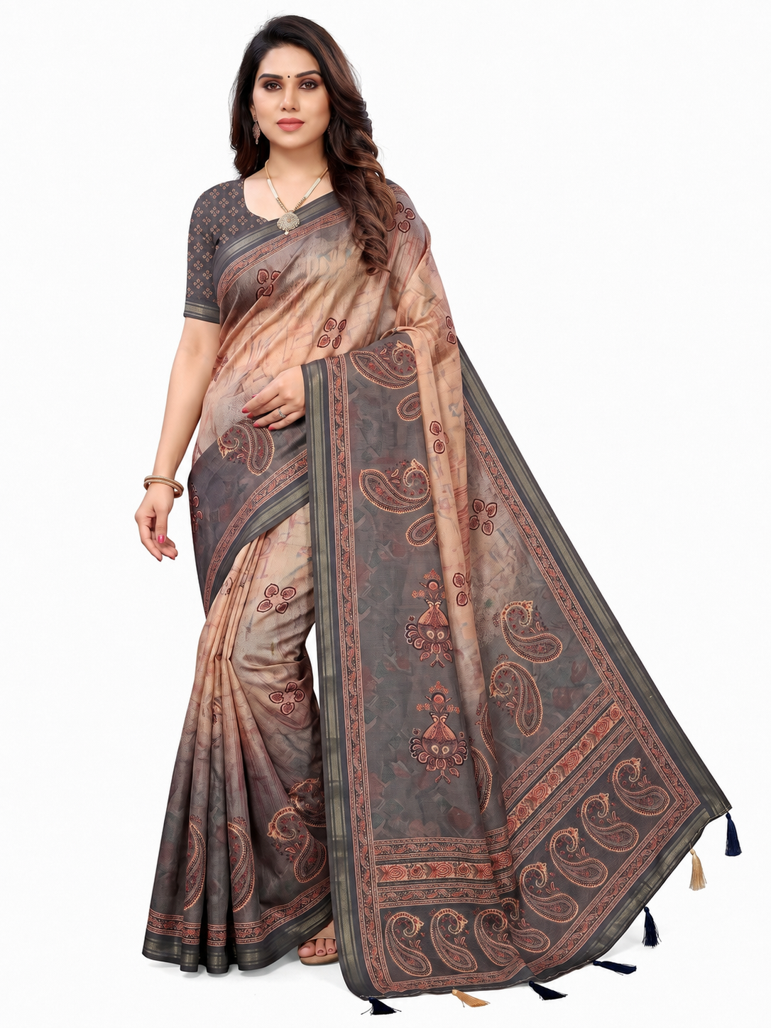 Peachmode Grey Paisley Floral Printed Art Silk Saree - Image 1