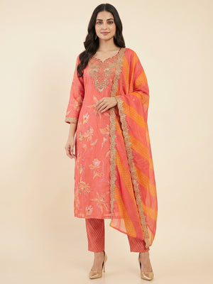 Red Muslin Straight Salwar Suit Highlighted with Graceful Floral Prints and Handcrafted Beads Work - Image 1