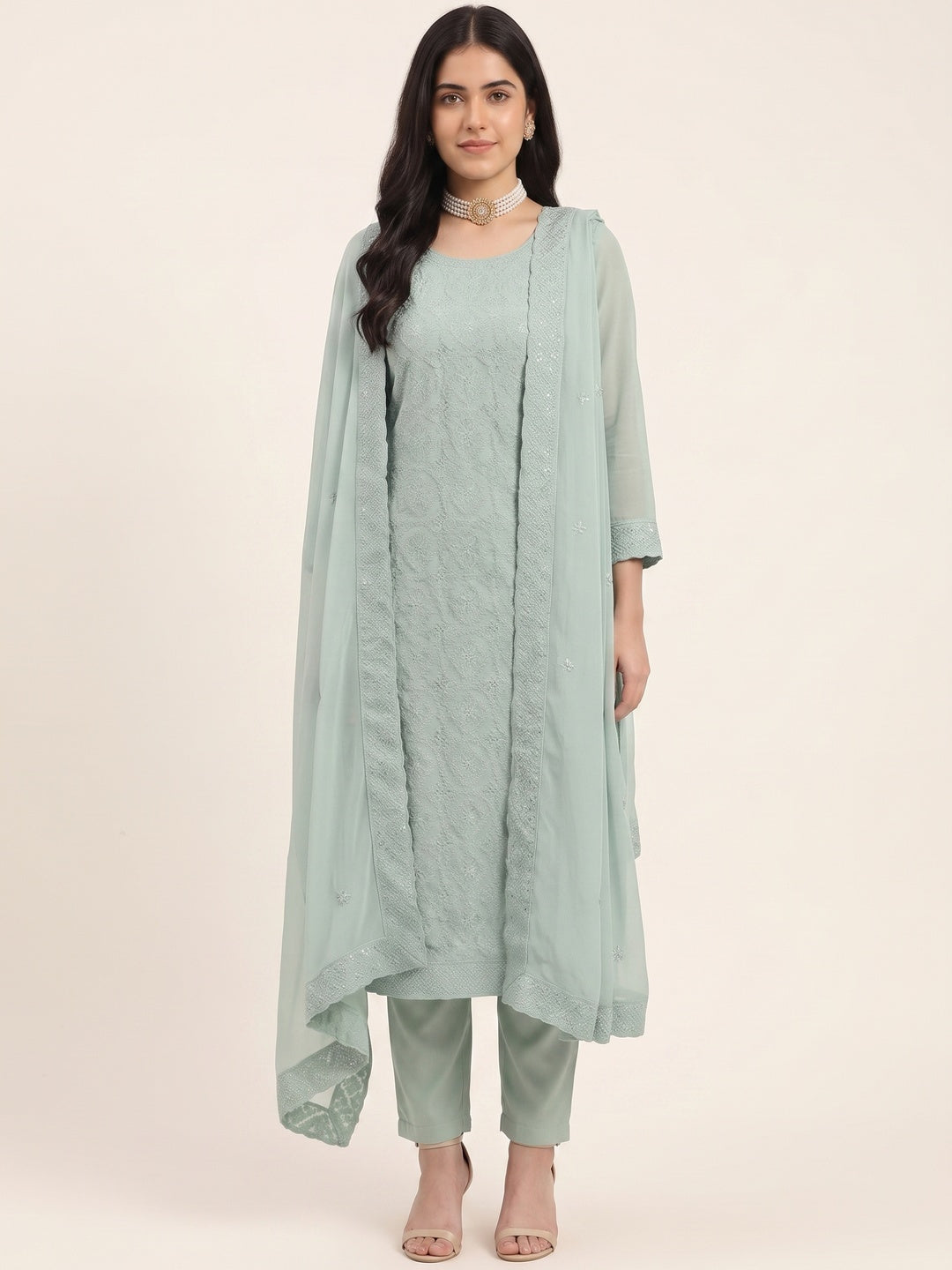 Stunning Ice Green Floral Embroidery With Sparkling Sequins Work Georgette Dress Material - Image 1