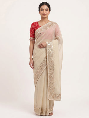 Cream Pure Kota Doria Saree Adorned with Exquisite Gota Work Embroidery - Image 1