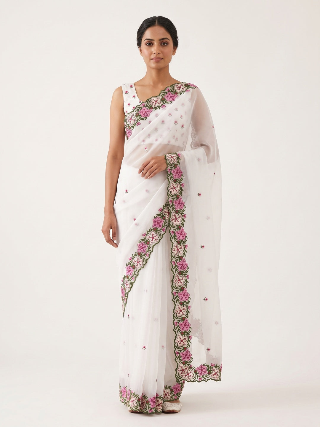 White Faux Georgette Saree Featuring Minimalist Floral Border Embroidery - Image 1