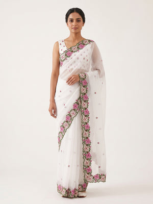 White Faux Georgette Saree Featuring Minimalist Floral Border Embroidery - Image 1