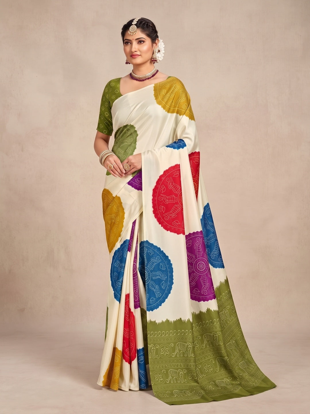 Peachmode Olive Pallu Multicolor Folk Print Silk Saree - Image 2