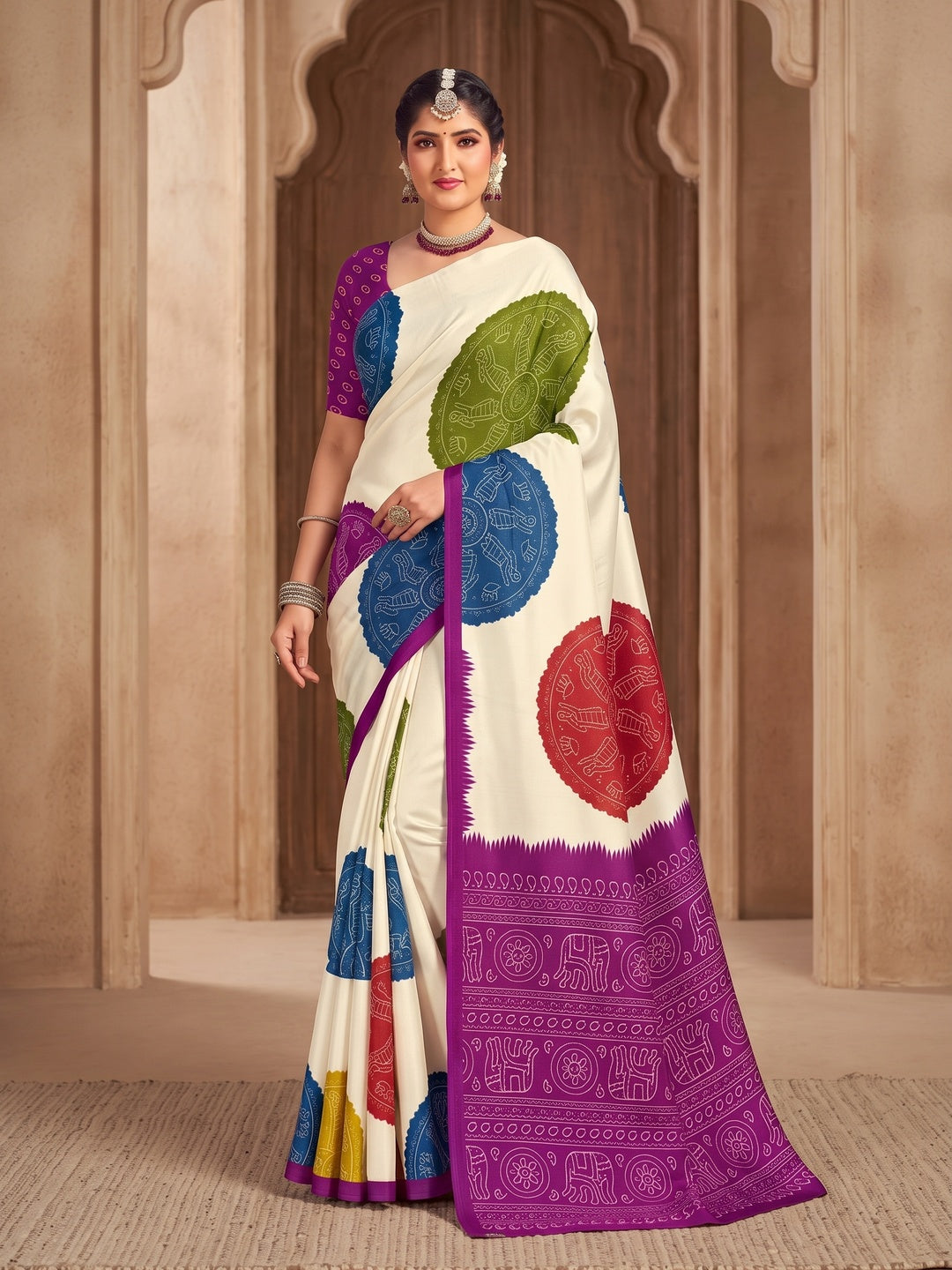 Peachmode Purple Pallu Multicolor Folk Print Silk Saree - Image 1