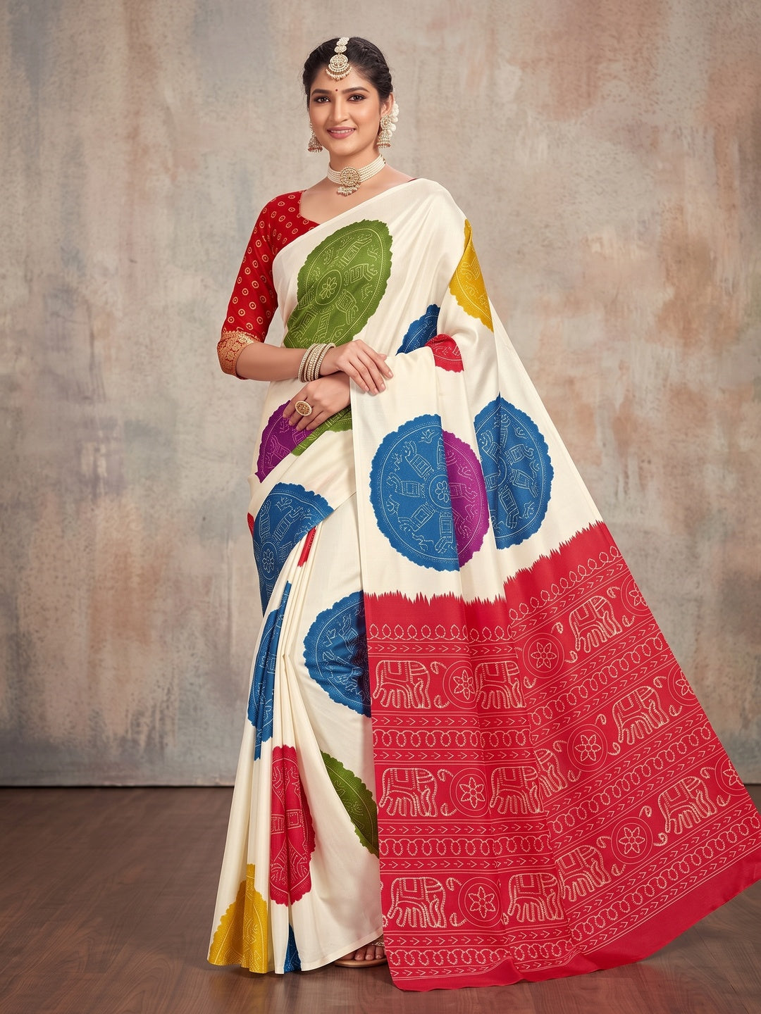Peachmode Red Pallu Multicolor Folk Print Silk Saree - Image 2