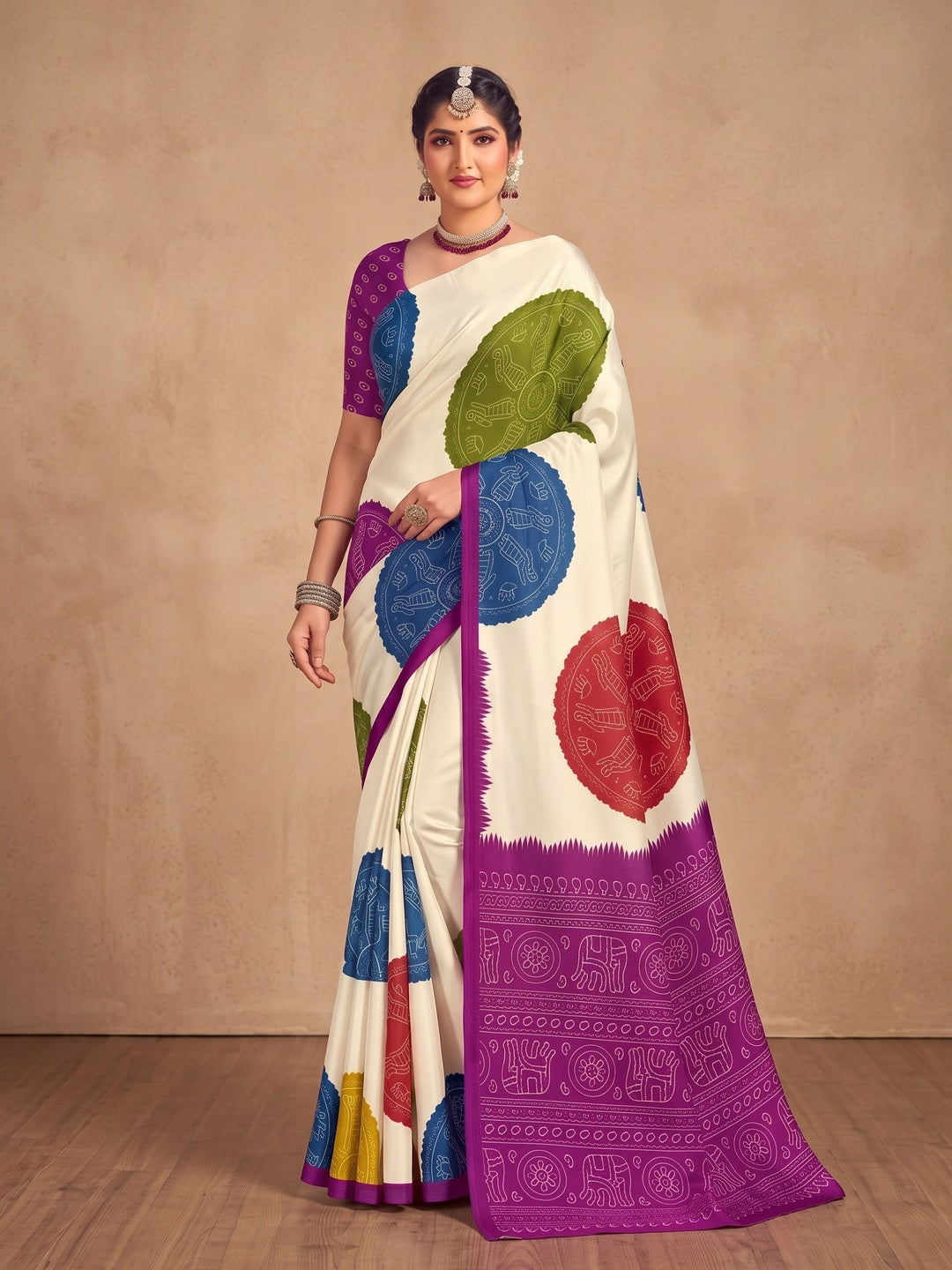 Peachmode Purple Pallu Multicolor Folk Print Silk Saree - Image 2