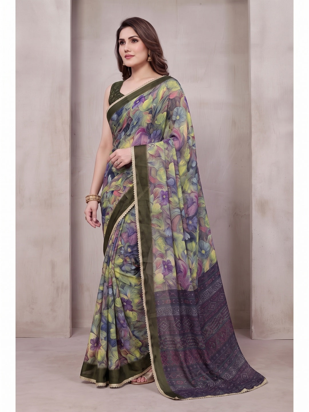 Peachmode Olive Floral Printed Georgette Saree - Image 1