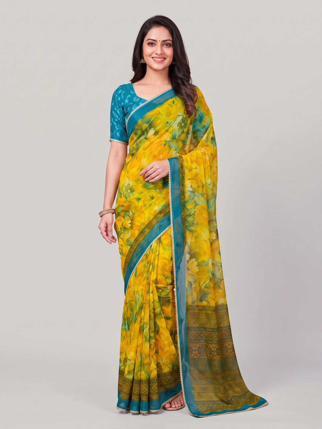 Peachmode Yellow Floral Printed Georgette Saree - Image 1