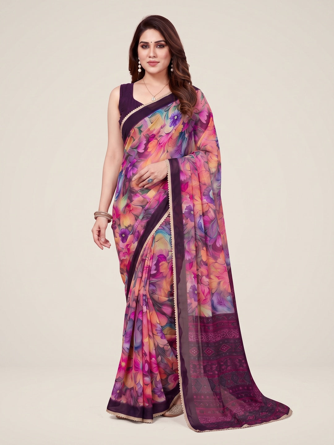 Peachmode Pink Floral Printed Georgette Saree - Image 1