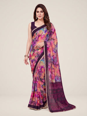 Peachmode Pink Floral Printed Georgette Saree - Image 1