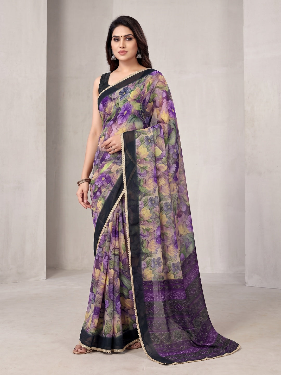 Peachmode Purple Floral Printed Georgette Saree - Image 1