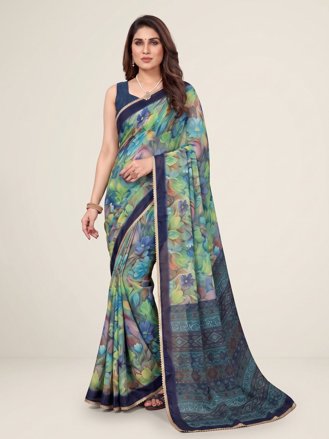 Peachmode Rama Green Floral Printed Georgette Saree - Image 1