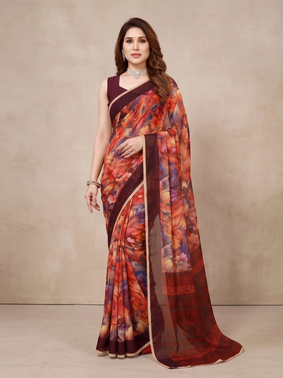 Peachmode Red Floral Printed Georgette Saree - Image 1