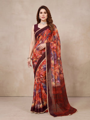 Peachmode Red Floral Printed Georgette Saree - Image 1
