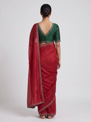 Red Partywear Vichitra Silk Saree Featuring Exquisite Swarovski Stone Work - Image 2
