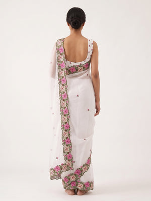 White Faux Georgette Saree Featuring Minimalist Floral Border Embroidery - Image 2