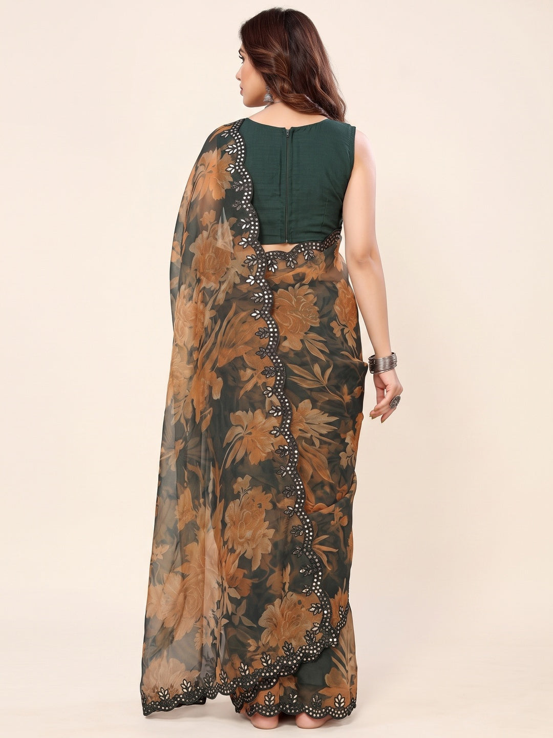 Dark Green  Printed Georgette Saree With Mirror Work Border - Image 2