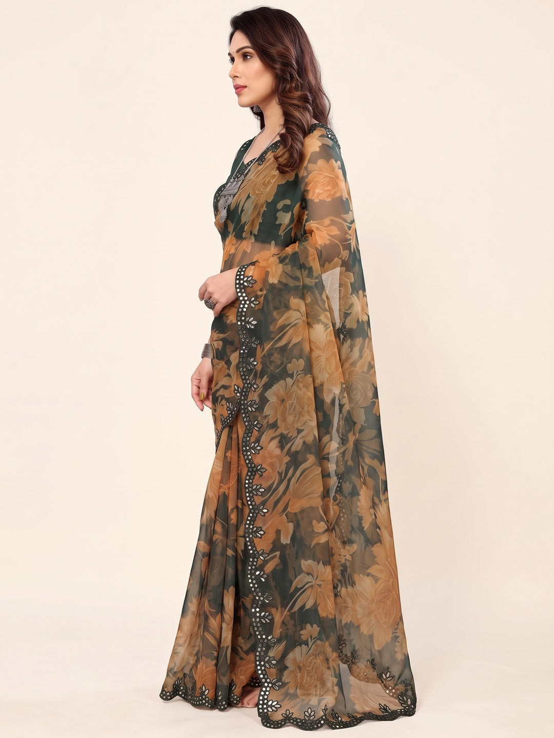 Dark Green  Printed Georgette Saree With Mirror Work Border - Image 3