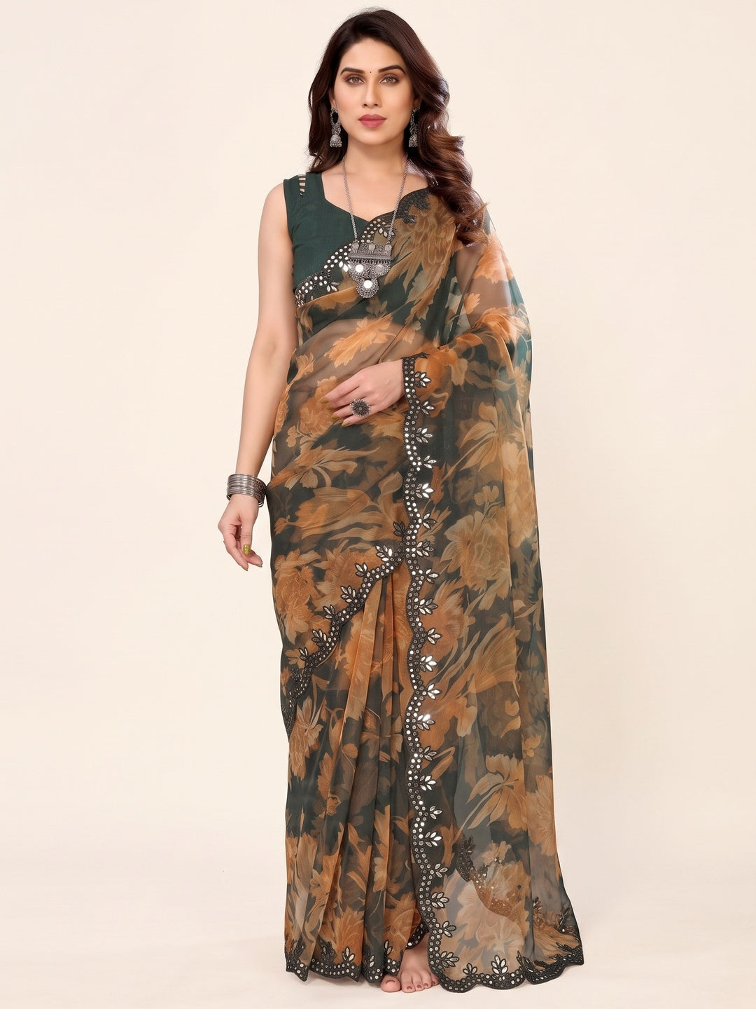 Dark Green  Printed Georgette Saree With Mirror Work Border - Image 4