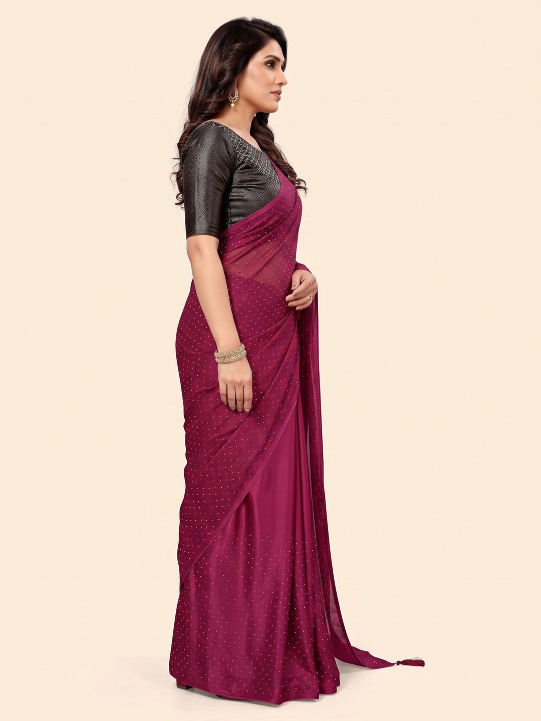 Pink Swarovski Work Satin Chiffon Saree With Tassels - Image 3