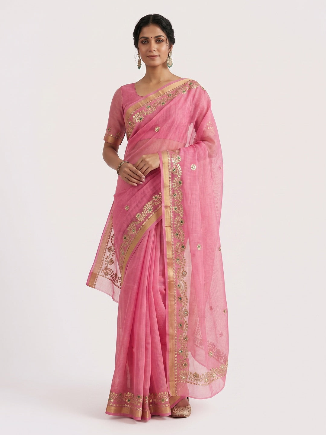 Graceful Pink Kota Doria Saree Adorned With Delicate Floral Gota Patti & Zari Weaving Border - Image 8