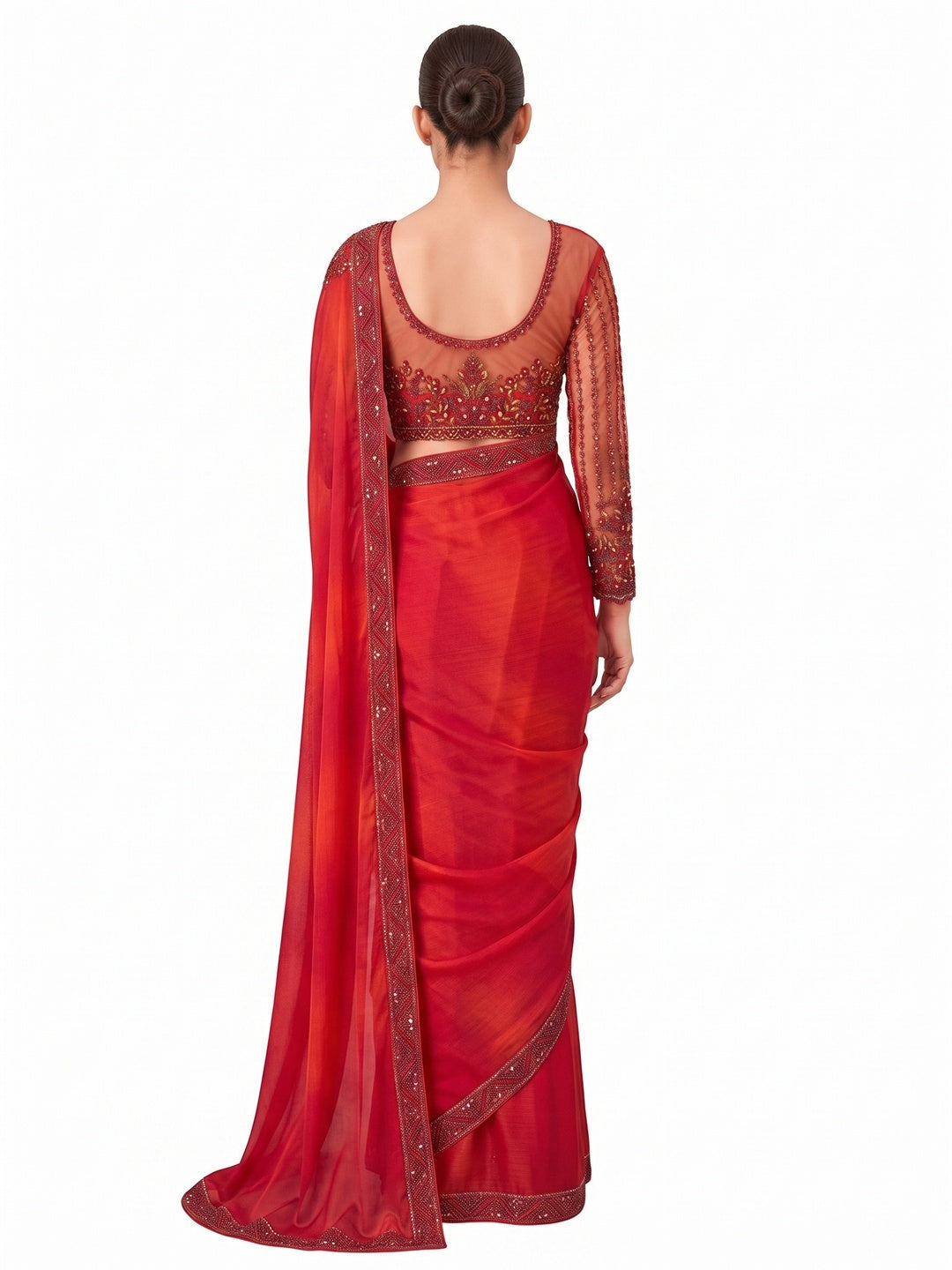 Red Embroidered Chiffon Saree - Image 2