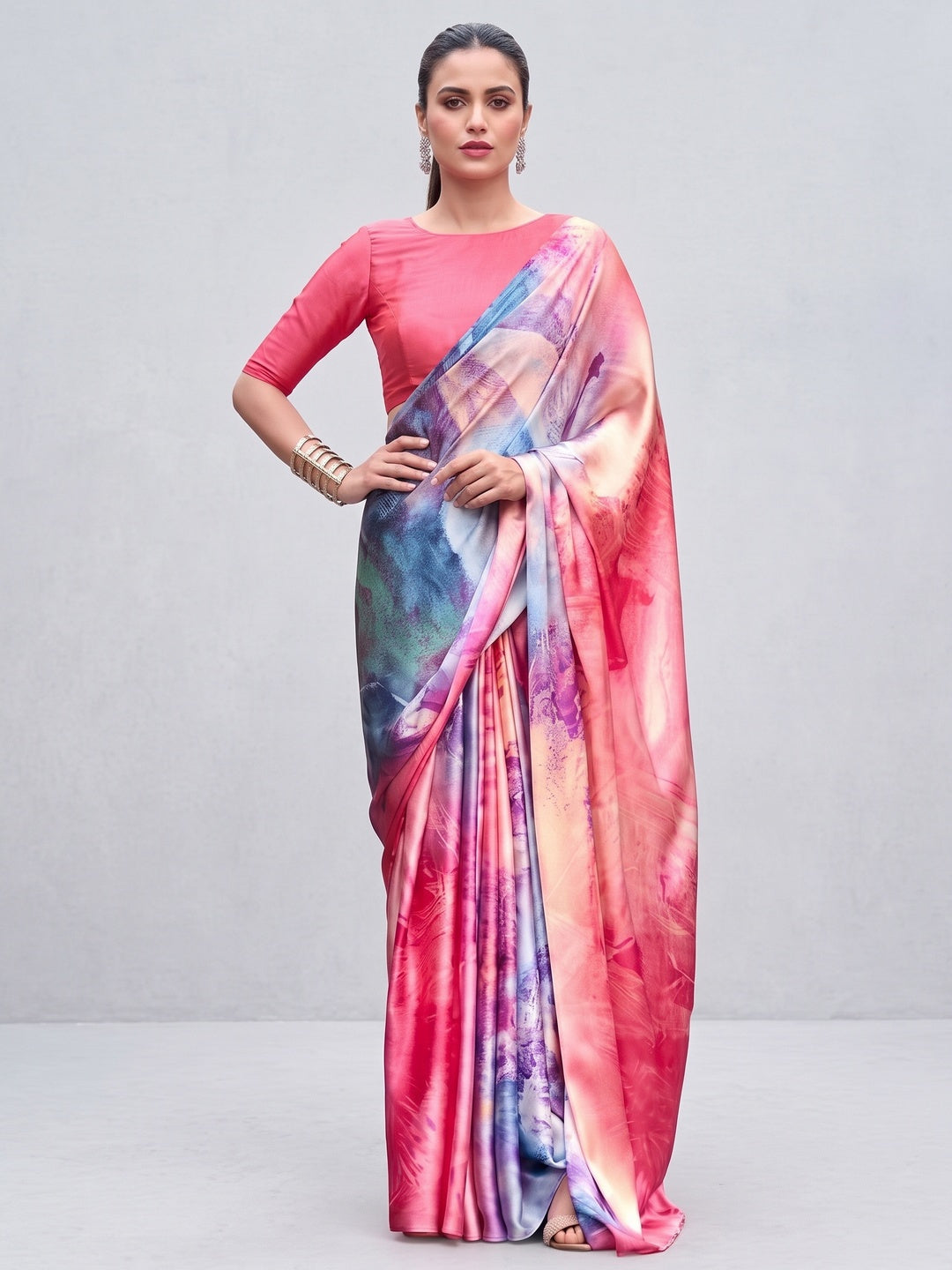 Gajri Pink Digital Printed Pure Satin Saree - Image 4