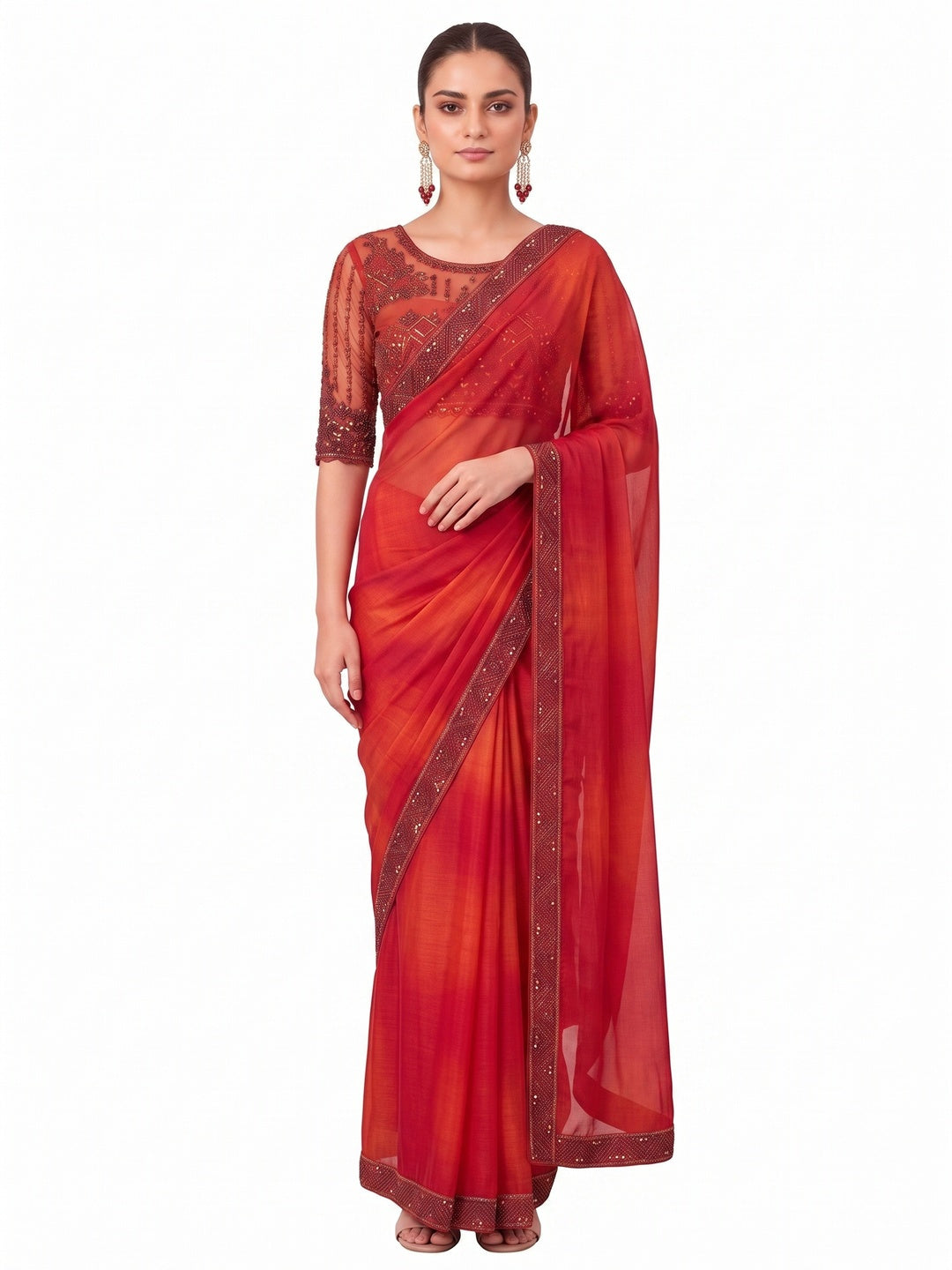Red Embroidered Chiffon Saree - Image 1