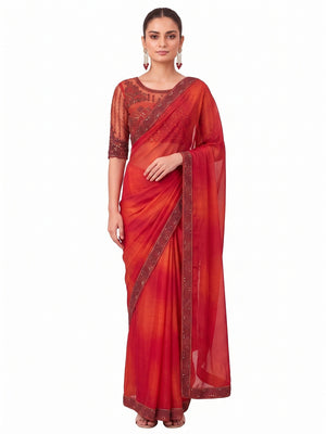 Red Embroidered Chiffon Saree - Image 1