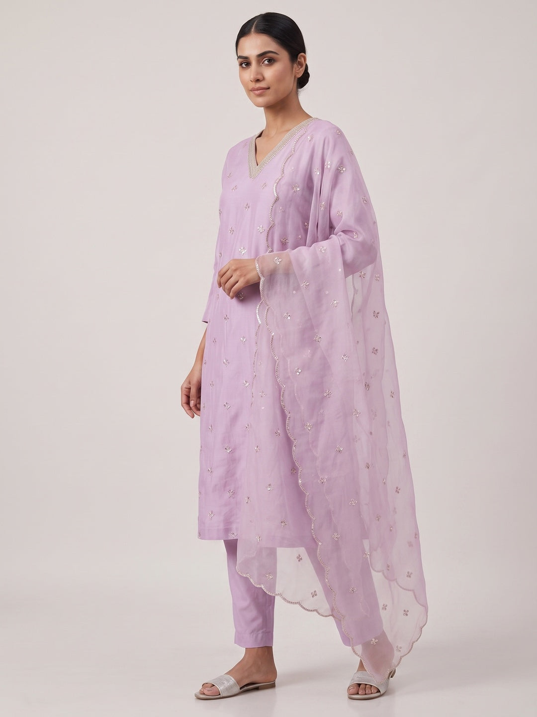 Lavender Embroidered Pure Silk Straight Salwar Suit - Image 4