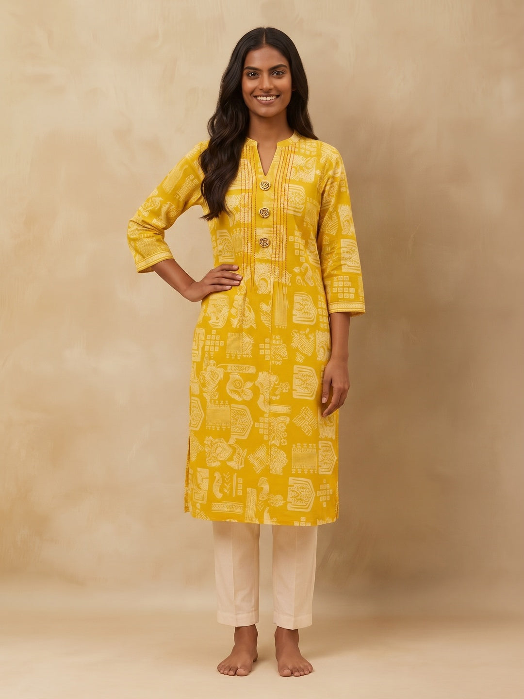 Olive Handblock Printed Pure Cotton A-Line Kurti - Image 5