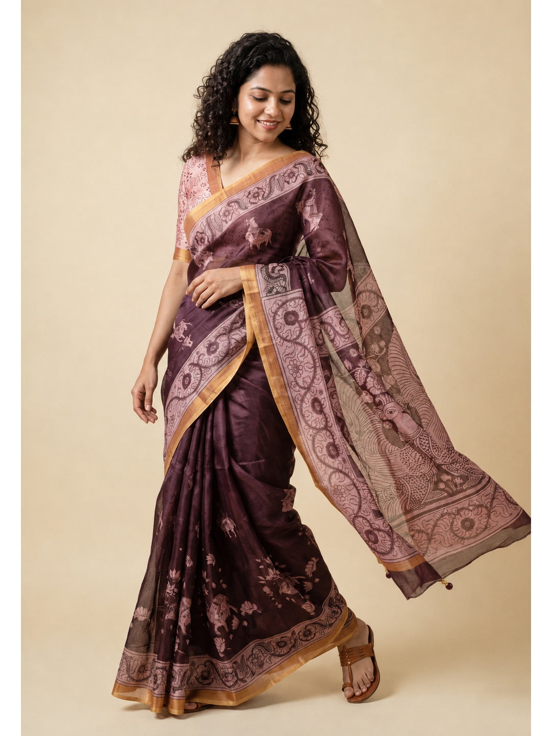 Peachmode Deep Brown Chanderi Cow Motif Saree - Image 1