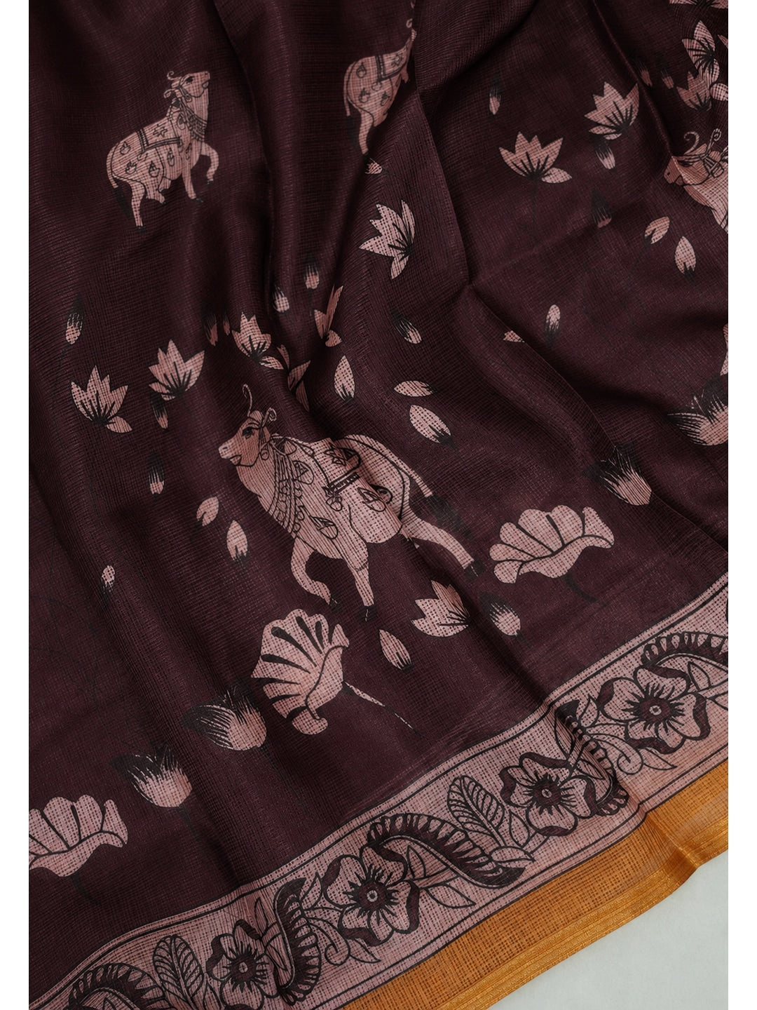 Peachmode Deep Brown Chanderi Cow Motif Saree - Image 4