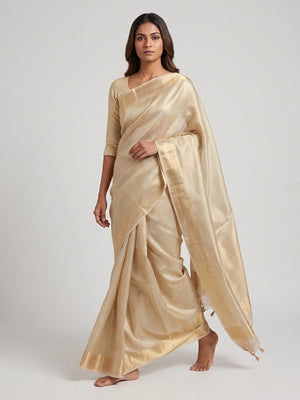 Gold Designer Handloom Tissue Silk Saree Adorned with Banarasi-Style Detailing - Image 1