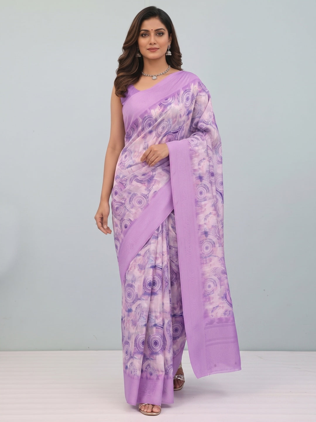 Lavender Digital Print Silk Blend Lucknowi Saree With Jacquard Woven Border & Rich Pallu - Image 1