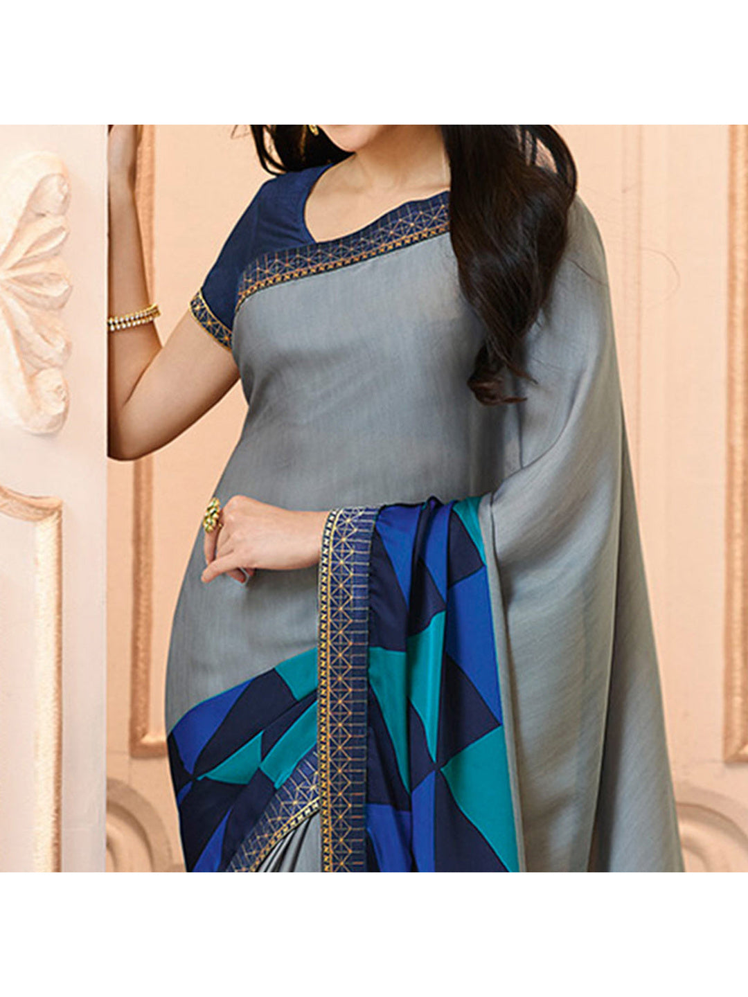 Grey Printed Art Silk Saree With Lace Border - Image 7