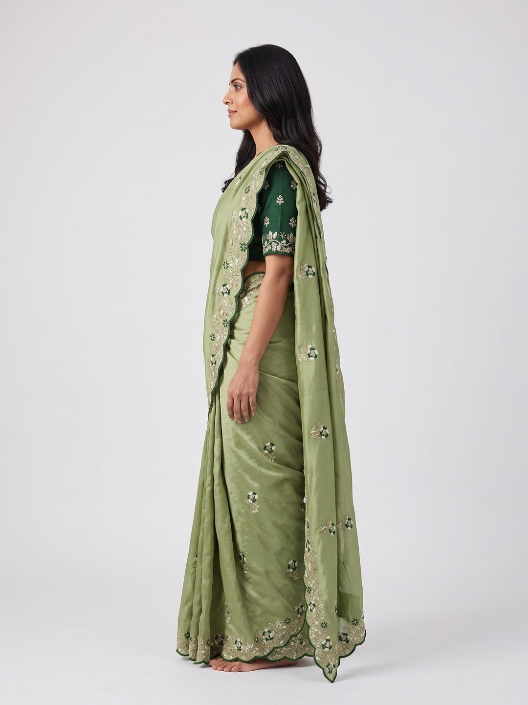 Designer Green Vichitra Silk Saree with Artistic Embroidered Border for Timeless Ethnic Elegance - Image 3