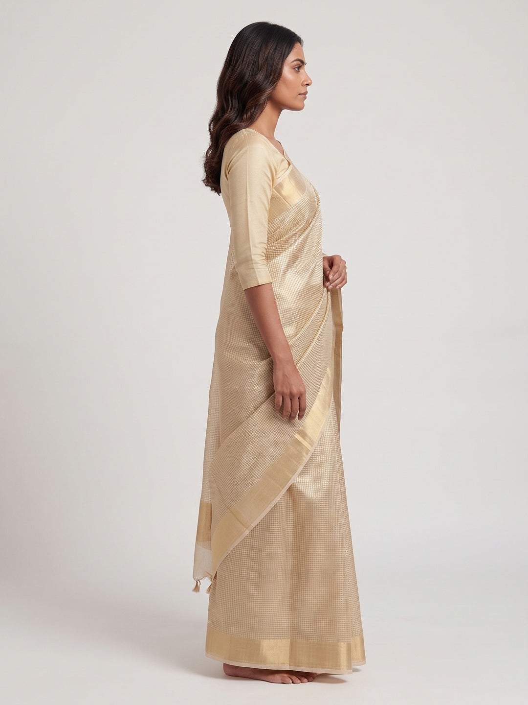 Gold Designer Handloom Tissue Silk Saree Adorned with Banarasi-Style Detailing - Image 3