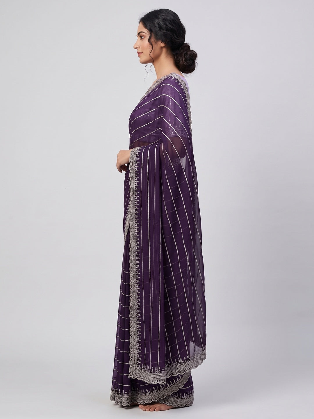 Purple Sequins Embroidered Chiffon Saree - Image 4