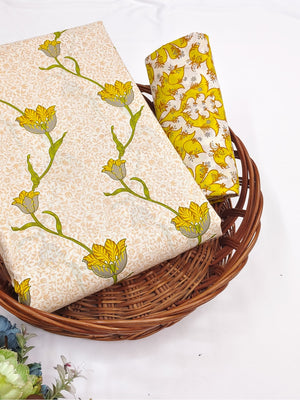 Peachmode Mustard Floral Two-Piece Unstitched Dress Material - Image 1